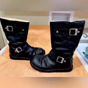 UGG Black Leather Moto Boots with Buckle Accents